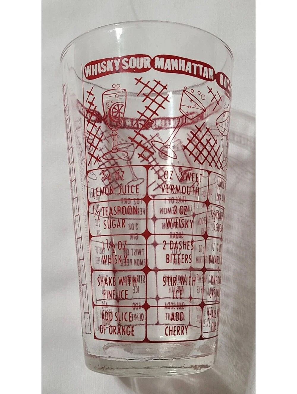 Vtg Federal Glass Mixology & Recipe Tumbler  Retro Red Print  MCM Barware Glass